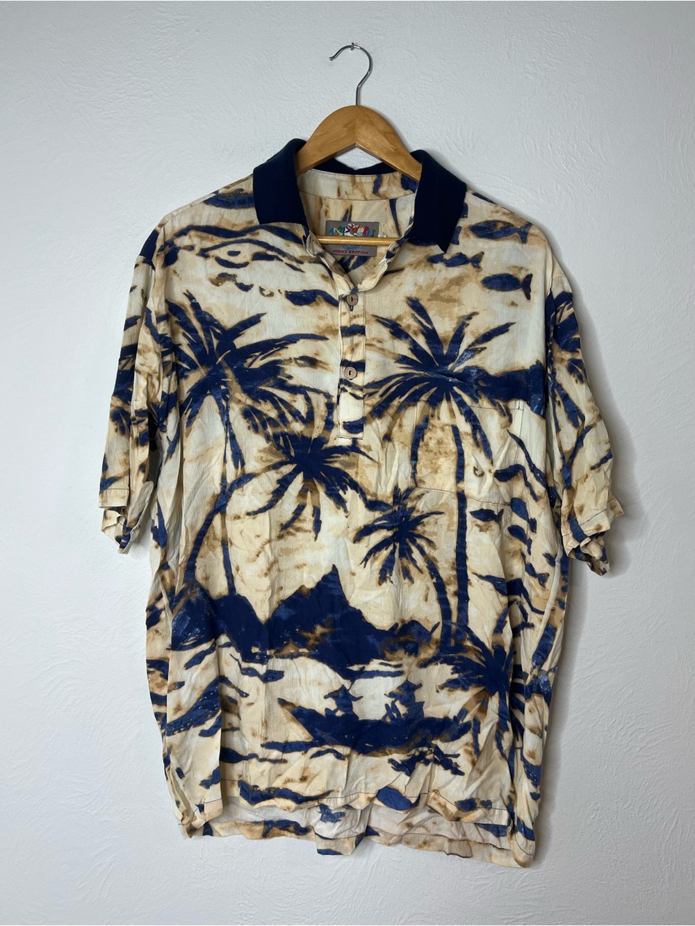 Jams World Vintage Tropical Palm Print Polo Shirt - Navy & Cream size XL